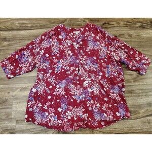 Woman Within Women's 3X Red Floral Blouse 100% Rayon Top Shirt 3/4 Sleeve
